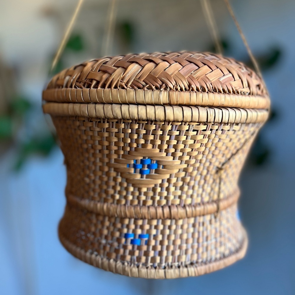 Vintage Handwoven Bamboo Rice Basket Hanging Storage Boho Cottagecore Asian